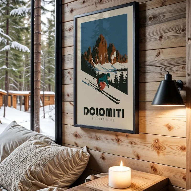 2D/Flat Dolomites Italy Ski Canvas Painting, Noframed Abstract Vintage Ski Wall Art Poster for Livingroom Wall Decoration Gifts