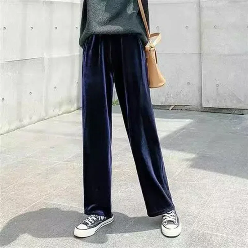 2024 Winter Velvet Trousers,Korean Fashion Women Autunm High Waist Streewear Casual Velour Pants Black Spodnie Damskie