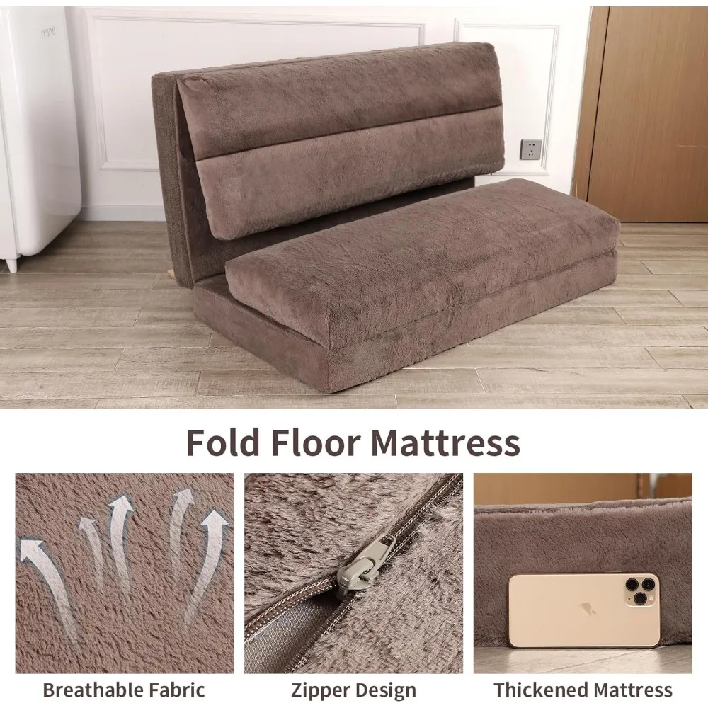 سرير بين باج للبالغين، أريكة سرير أرضية مقاس 54 × 95 بوصة مع غطاء من الفرو الصناعي الناعم القابل للغسل، أريكة ناعمة قابلة للطي لغرفة المعيشة