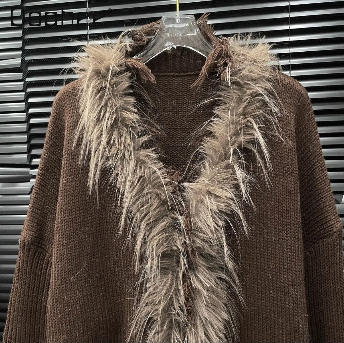 الكورية شيك العصرية الفراء طوق المرقعة محبوك سترة المرأة فضفاضة الموضة الراقية الخامس الرقبة طويلة الأكمام سترة الخريف الشتاء