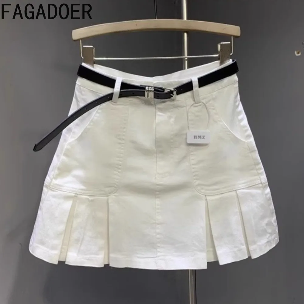 

FAGADOER White Fashion Denim Pleated Mini Skirts Women High Waisted Button Pocket Slim Jean Skirts Female Solid Cowboy Bottoms