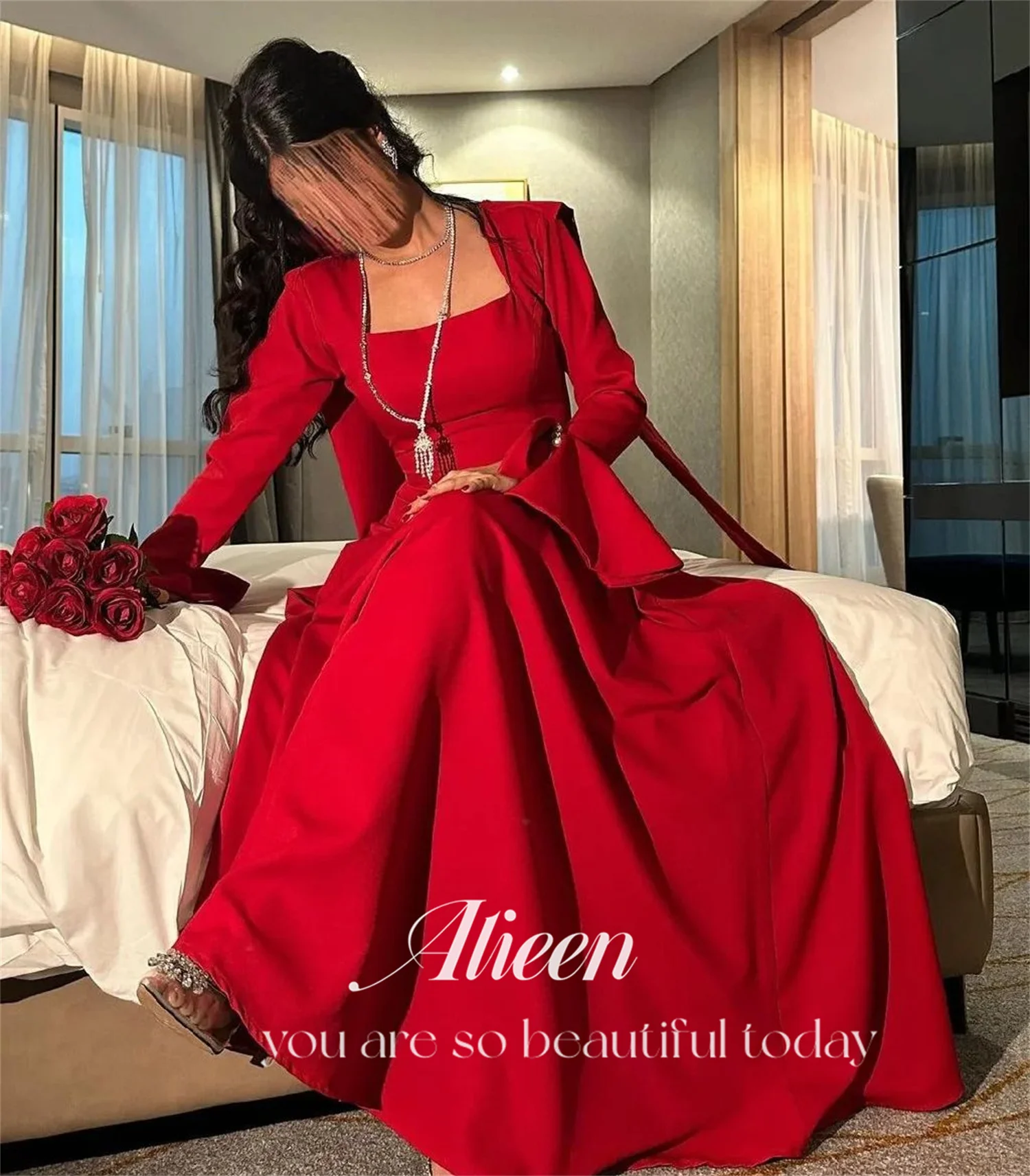 Aileen Long Sleeves Square Collar Red Dresses Gala Wedding Party Dress Evening Elegant Woman Prom 2024 Graduation Women Luxury