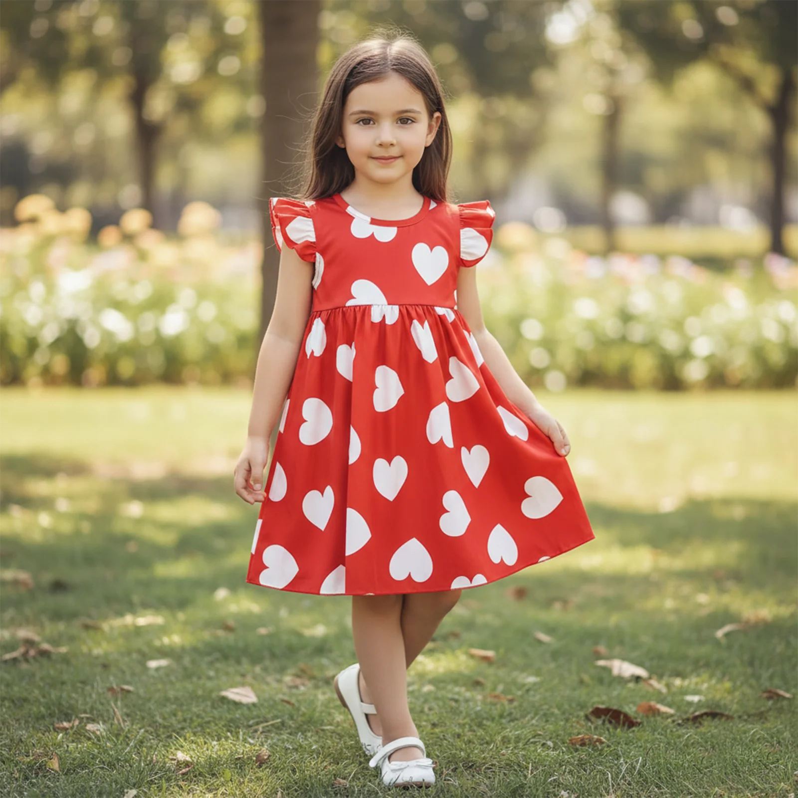 Toddler Little Girl Valentines Dress Heart Print Flying Sleeve A-line Princess Dress Cute Spring Clothes