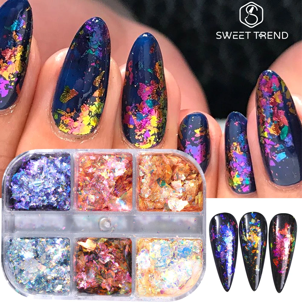 SWEET TREND - 6 compartiments de paillettes irisées opales pour ongles, effet aurore holographique, flocons de sirène caméléon, feuilles scintillantes pour manucure