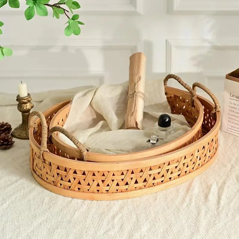 for Farmhouse home decoration oval tray serving tray natural bamboo wood wicker rattan tissue tray