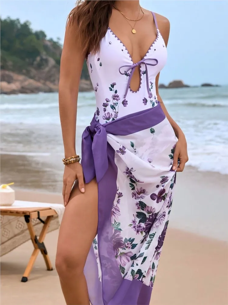 Bikini Bodysuit Swimwear Women With Skirt Bathing Suit Summer New Ruffle Splice Print Beachwear Holiday Bikini Cover Ups Outfits