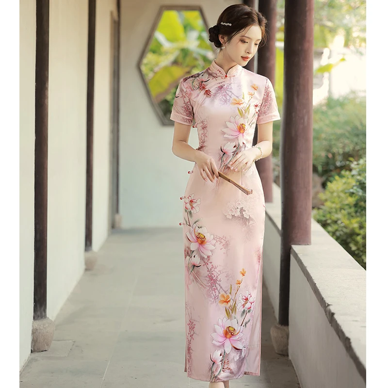 

2024 Summer Chinese Style Cheongsam Retro Short Sleeve Improved Dress Long Elegant Qipao Traditional Mandarin Collar Vestidos