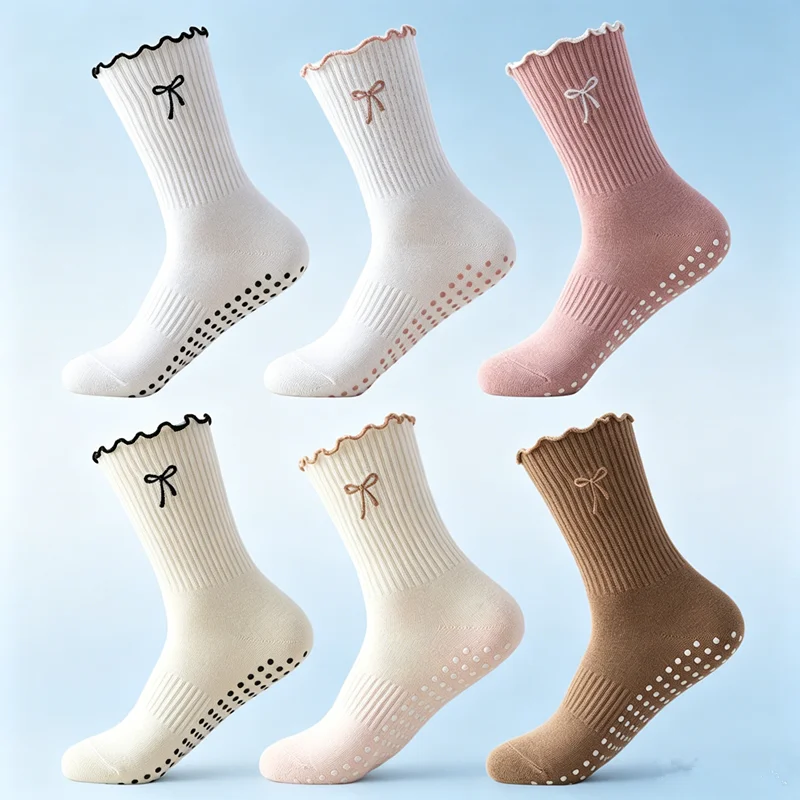 Calcetines de Pilates para Mujer con Volantes, Bonitos Calcetines de Yoga Antideslizantes con Lazo y Volantes para Barre, Yoga, Danza, Ejercicio, Fitness