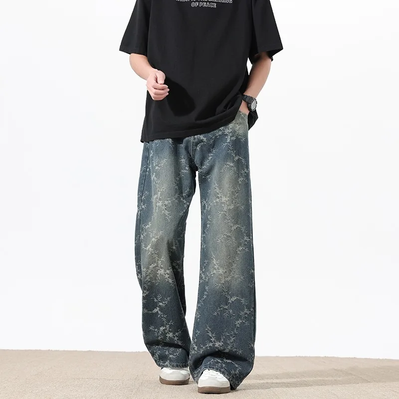 Men Vintage Jacquard Black Wide Leg Jeans American High Street Loose Draped Straight Denim Pants For Male Street Wear
