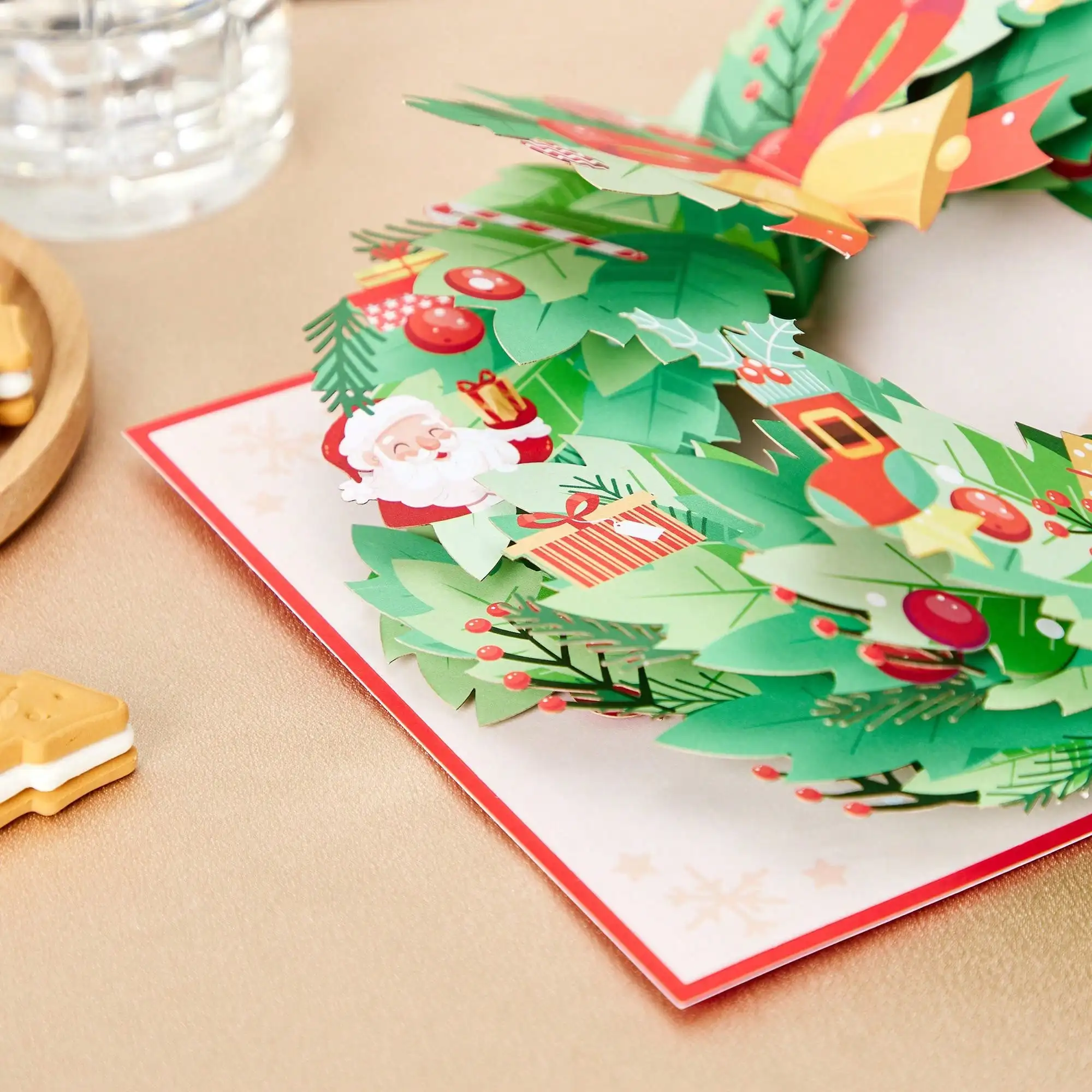 1 Stück Weihnachtskranz Pop-Up-Grußkarte, Frohe Weihnachten Geschenk für Familie, Weihnachtsmusterkarte