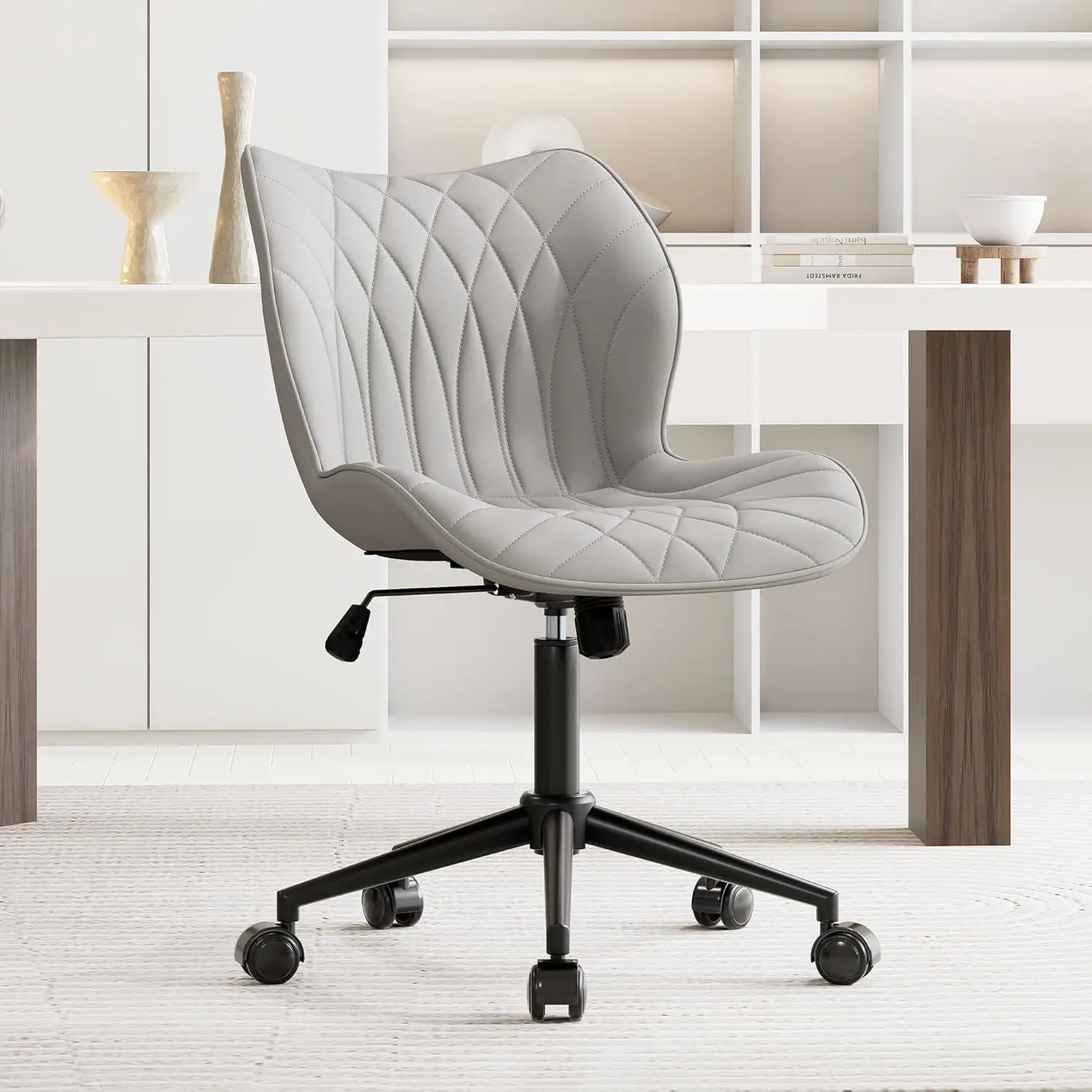 

Armless Faux Leather Office Chair, Adjustable Height, Rolling Casters, Quilted Backrest, Ergonomic Task Chair, Grey