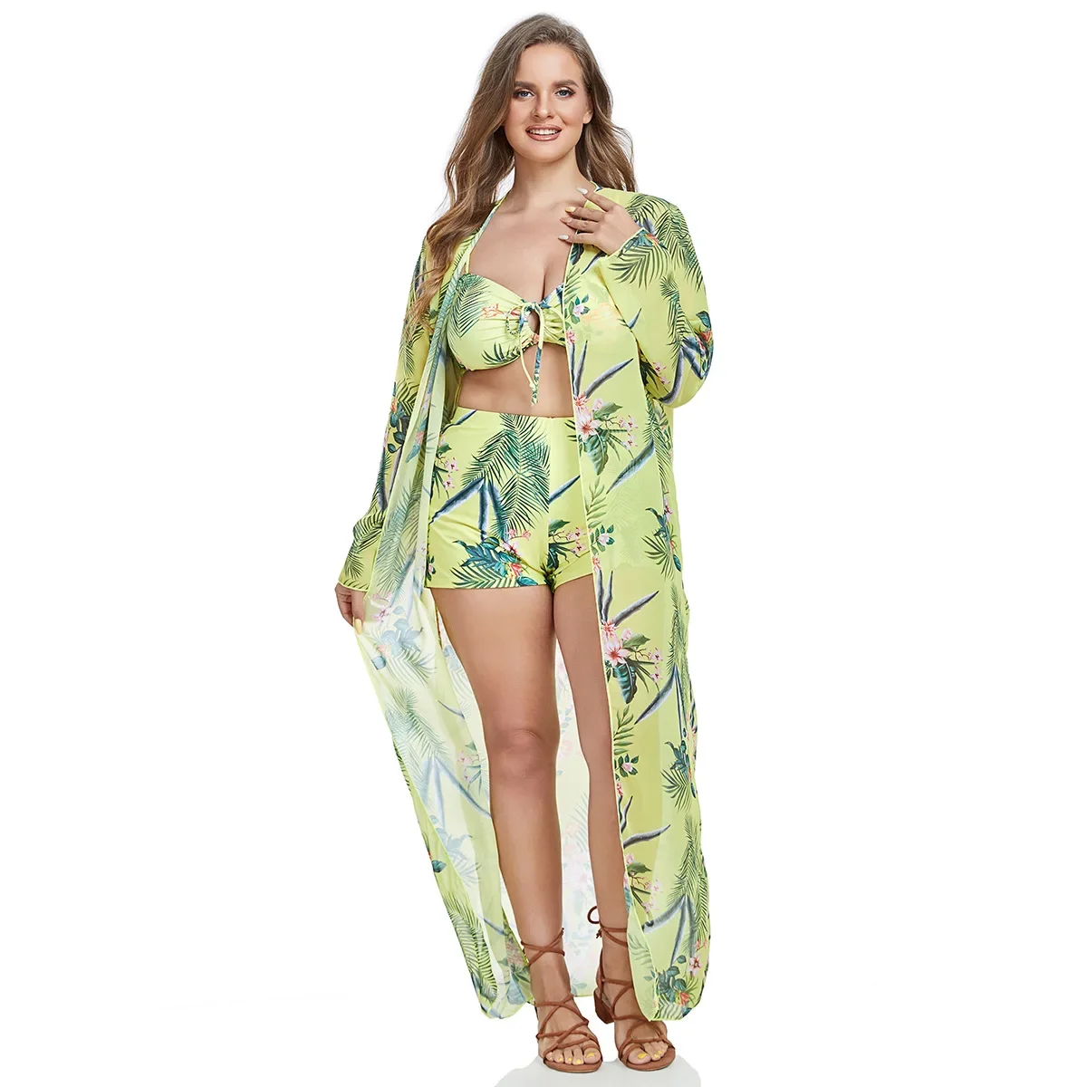 

2024 Print Long Sleeve Cover-ups Bikini Set,Light Green Sexy High Waist 3-piece Swimsuit Women,Summer Beach Bathing Suit Y154