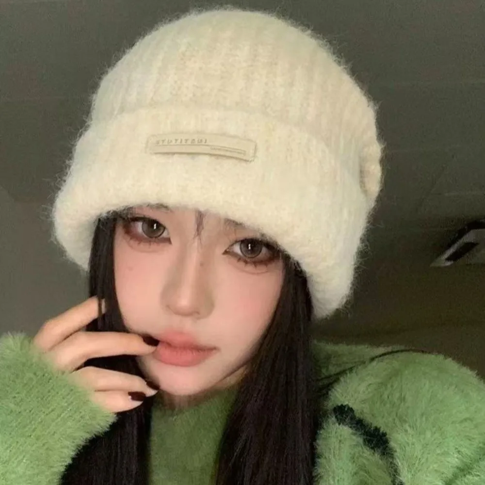 

Fashion Korean Style Knitted Pullover Hat All-match Warm Plush Woolen Hat Dome Elastic Brimless Beanie Cap Winter Autumn