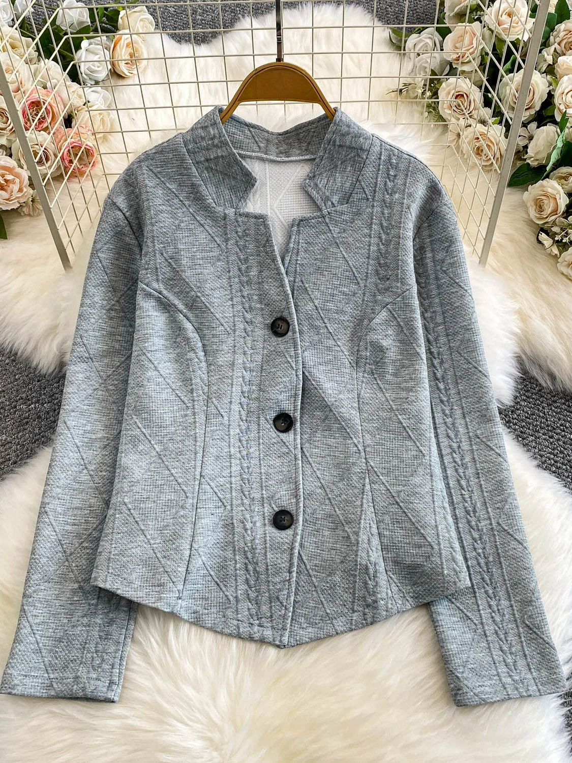 

Slimming ey Long Sve Stand Collar Outerwear for Girls Faionable Single Button Design Autumn Winter Design Sensation