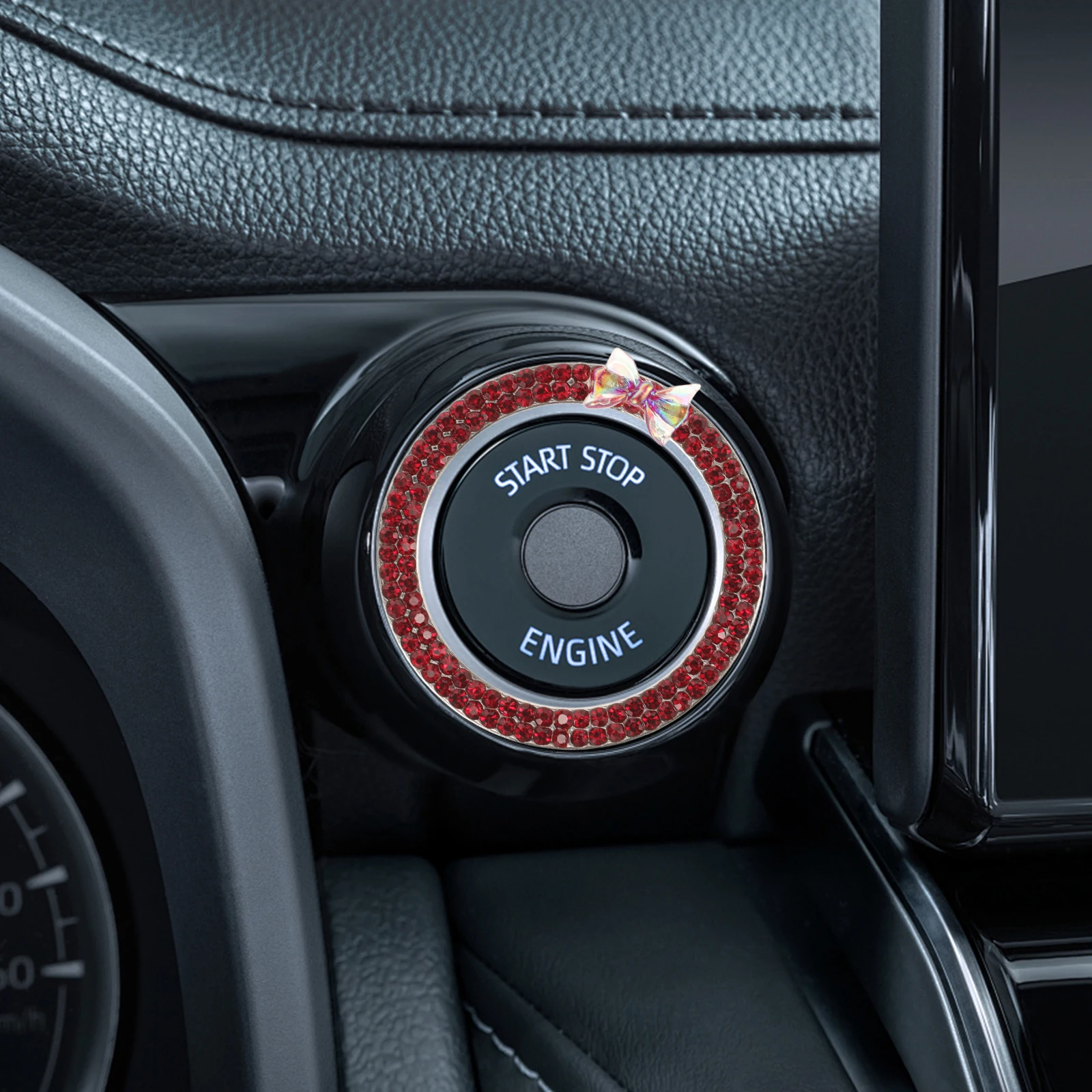 

Rhinestone Ignition Switch Decoration Car Accessories Push to Start Button Cover Engine Start Ring Bowknot Design Black
