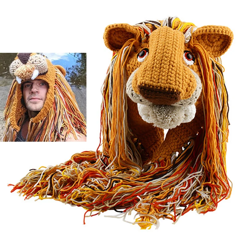 

Winter Cartoon Animal Wig Hat Knitted Handmade Lion Hat Caps Cosplay Party Fun Hat Beanie