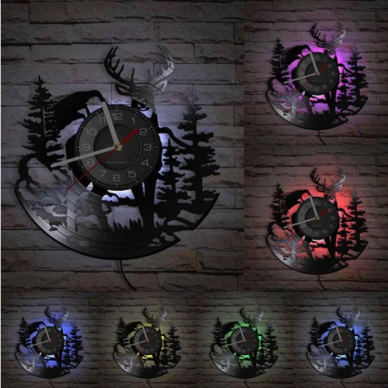 Forest Deer Vinyl Record Wall Clock LED Night Light Remote Control Art Creative Home Decoration Children's Gift Wall Clock view 5