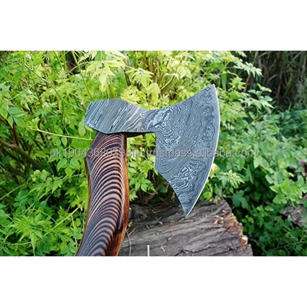 High Quality Damascus Axe Wooden Handle Drop Forged High Damascus Steel Axe Viking Axe Blade Etching