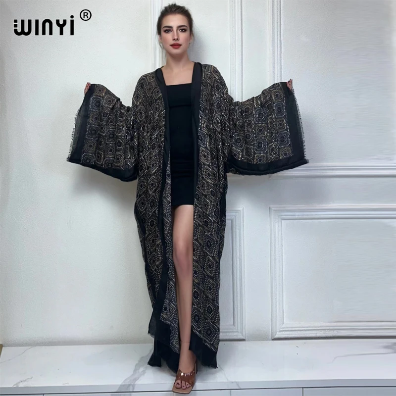 WINYI kimono beach wear women new dress beach cover up Cardigan Hot stamping Retro print coat abayas dubai luxury muslim dress