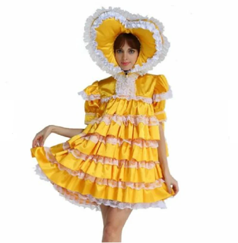 

Cosplay Sexy Maid Maid Lockable Satin Yellow Dress Adult Custom Fluffy Fantasy Carnival Outfit