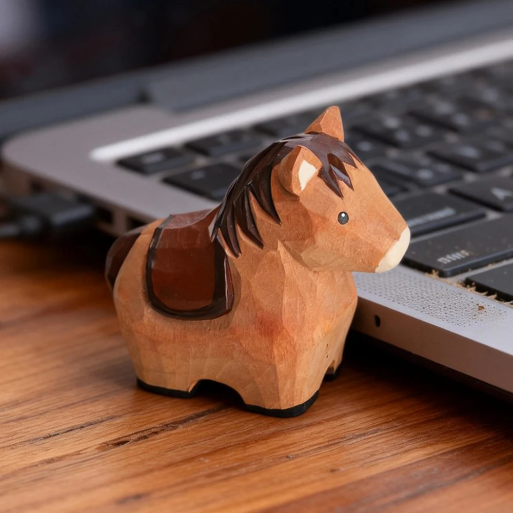 Cute Handmade Decorative Wooden Horse Figurine Animal Carving Ornament Statue Carving Home Room Desktop Accessories Decor Gift