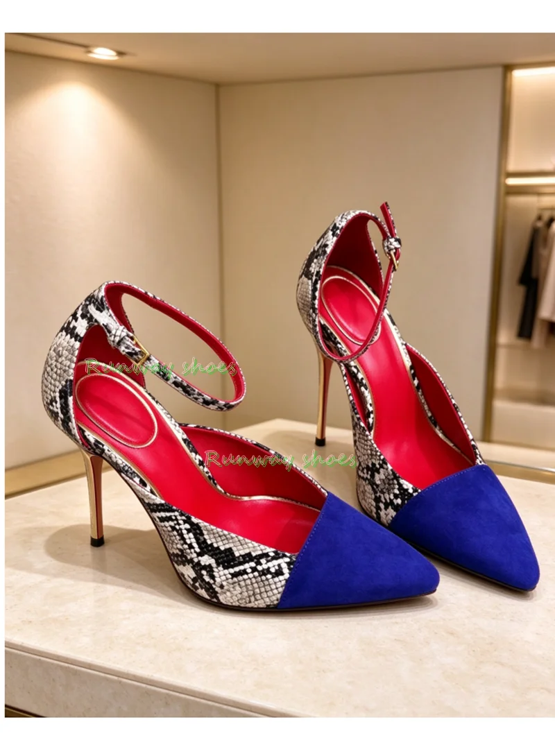 Snake Pattern Splicing Claret Pointed Tip High Heel Ankle Buckle Cut-Out design Luxury Women's Sandals Banquet Fashionable