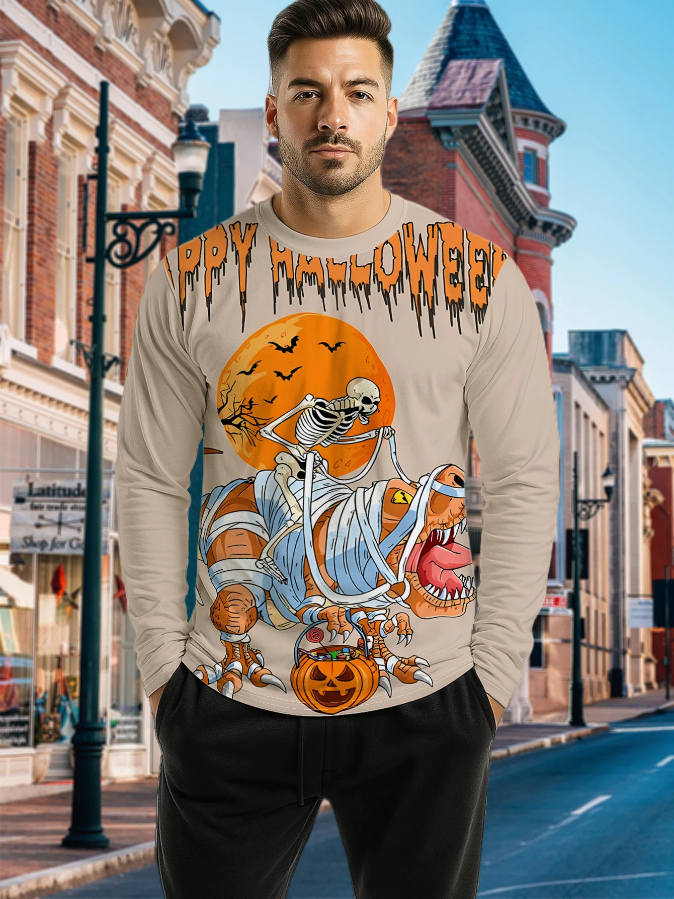 Men Long Sleeve T‑Shirt Skeleton Riding Mummy Dinosaur Pumpkin Bat Moon 3D Print Happy Halloween Party Casual Top