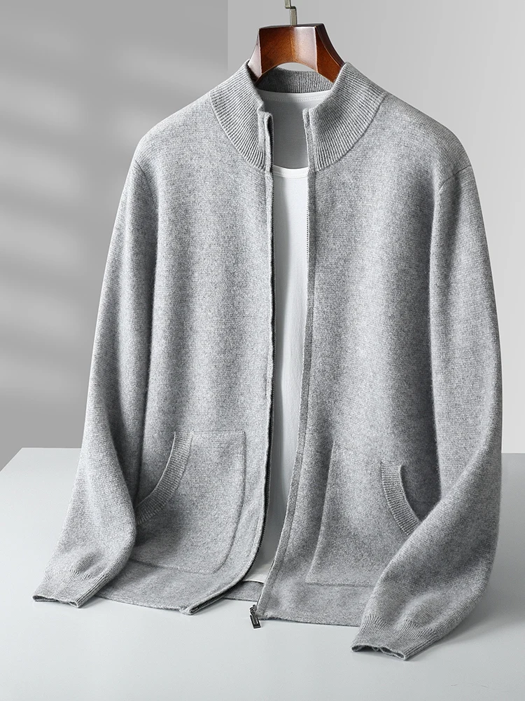 Alta qualidade dos homens inverno grosso cashmere cardigan mock neck zíper camisola 100% lã merino malhas casual macio roupas quentes topo