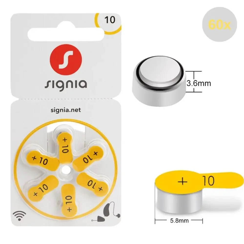 60PCS / 10 Cards Signia Hearing Aid Batteries Size 10 S10 A10 ZA10 PR70 A10, 60 PCS Signia Hearing Aid Zinc Air 10 Battery