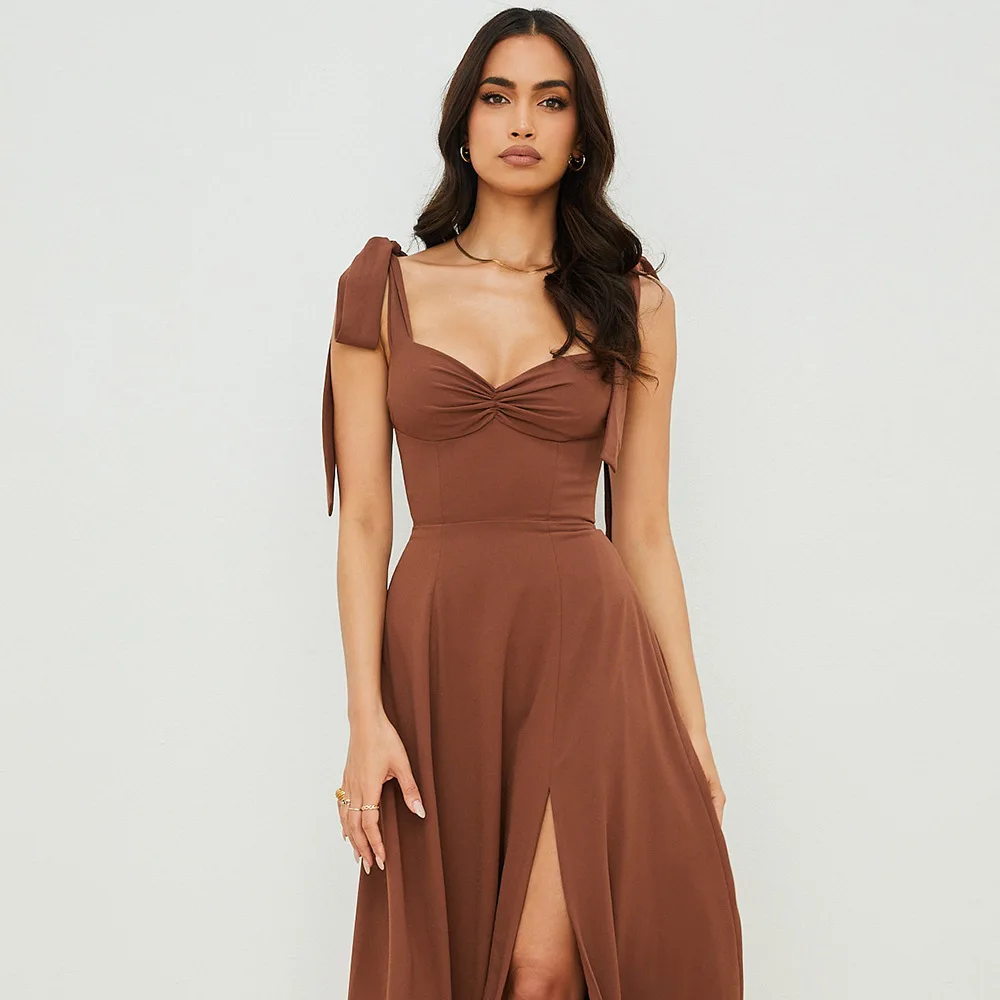 

French vacation backless sexy split chiffon dress fashionable simple and versatile temperament luxury elegant vacation style hig