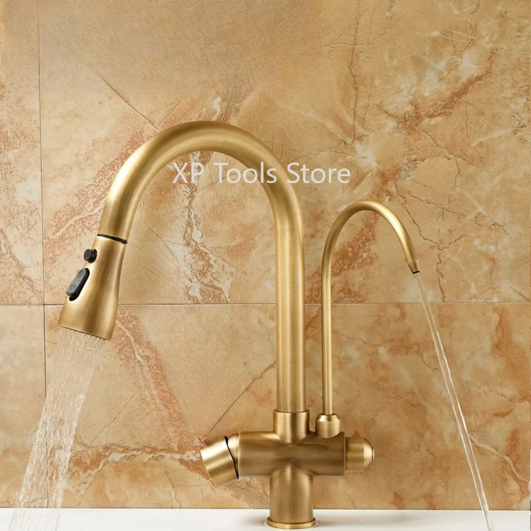 Полностью медный смеситель для чистой воды «три в одном» 2025 года — кухонный антикварный смеситель для накачки, идеально подходит для бытовой раковины и раковины для овощей, 360° °