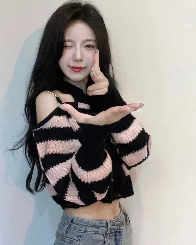 Chains Off Shoulder Pullovers Hollow Out Sweaters Pink Black Striped Knitted Crop Tops Y2k Long Sleeve High Waist Women Korean