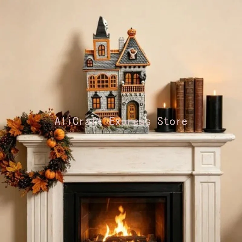 Vintage Halloween Resin Haunted House Statue Pumpkin Ghost Skull 19×9×35cm Desktop Ornament Home Shelf Fireplace Party Decor
