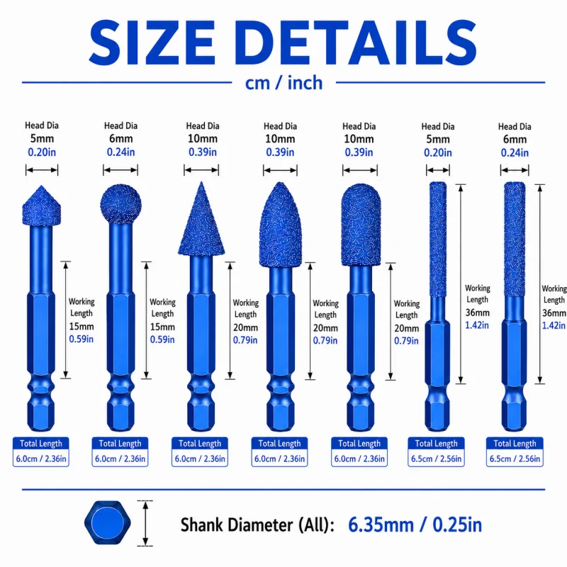 7PCS Diamond Burr Set 1/4 Inch Hex Shank Wear‑Resistant for Granite Concrete Ceramic Grinding