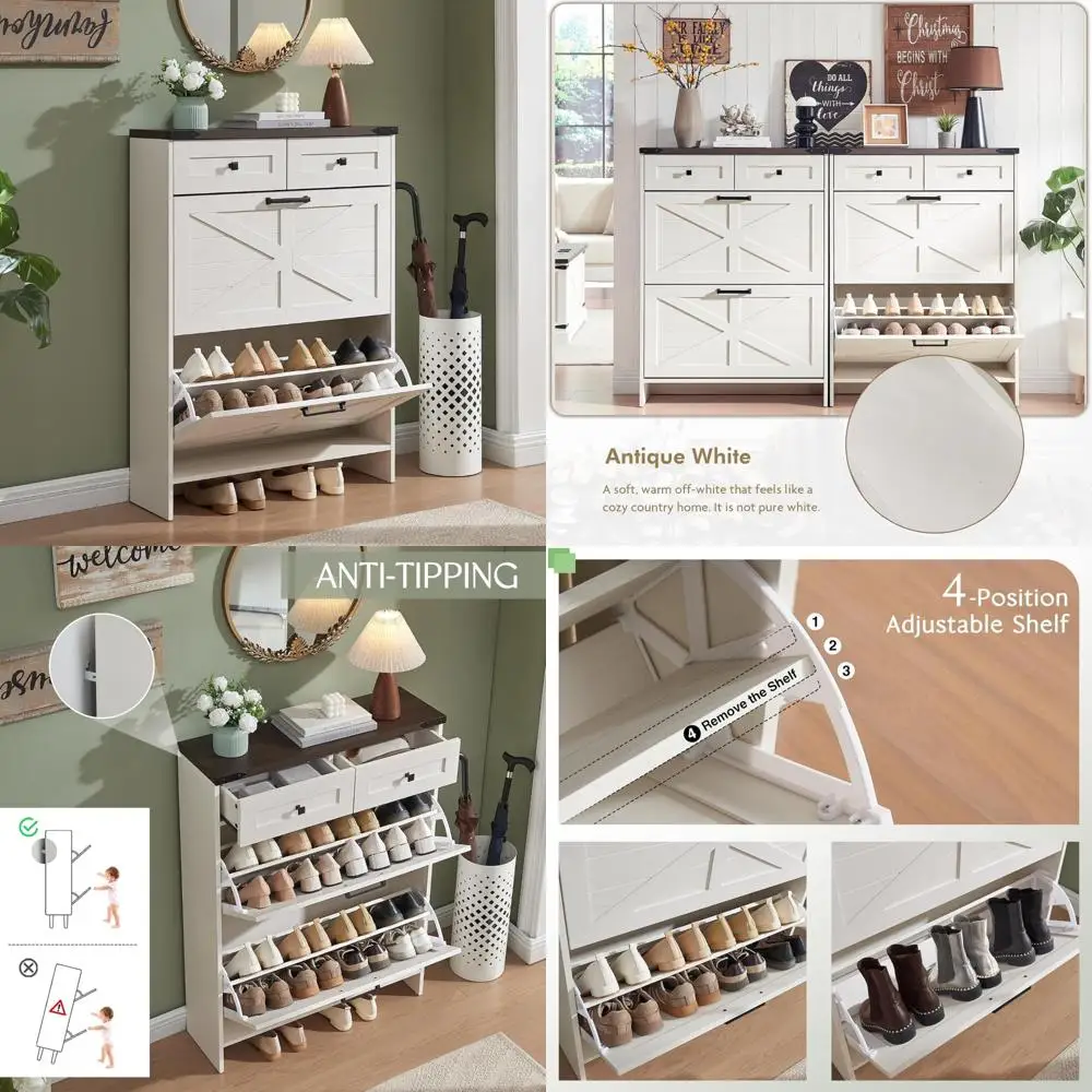 خزانة تخزين الأحذية على طراز المزرعة قائمة بذاتها مع أدراج مخفية وتصميم ضيق لتنظيم فعال