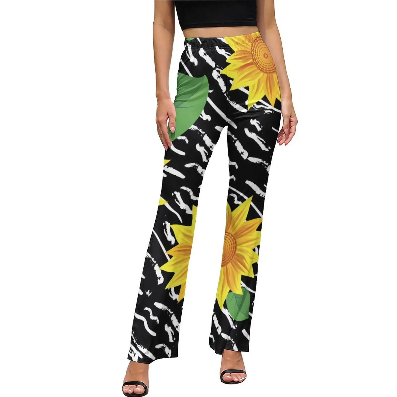 Yellow Sunflower Pants High Waisted Black Stripes Print Streetwear Flared Pants Autumn Elegant Graphic Oversize Trousers