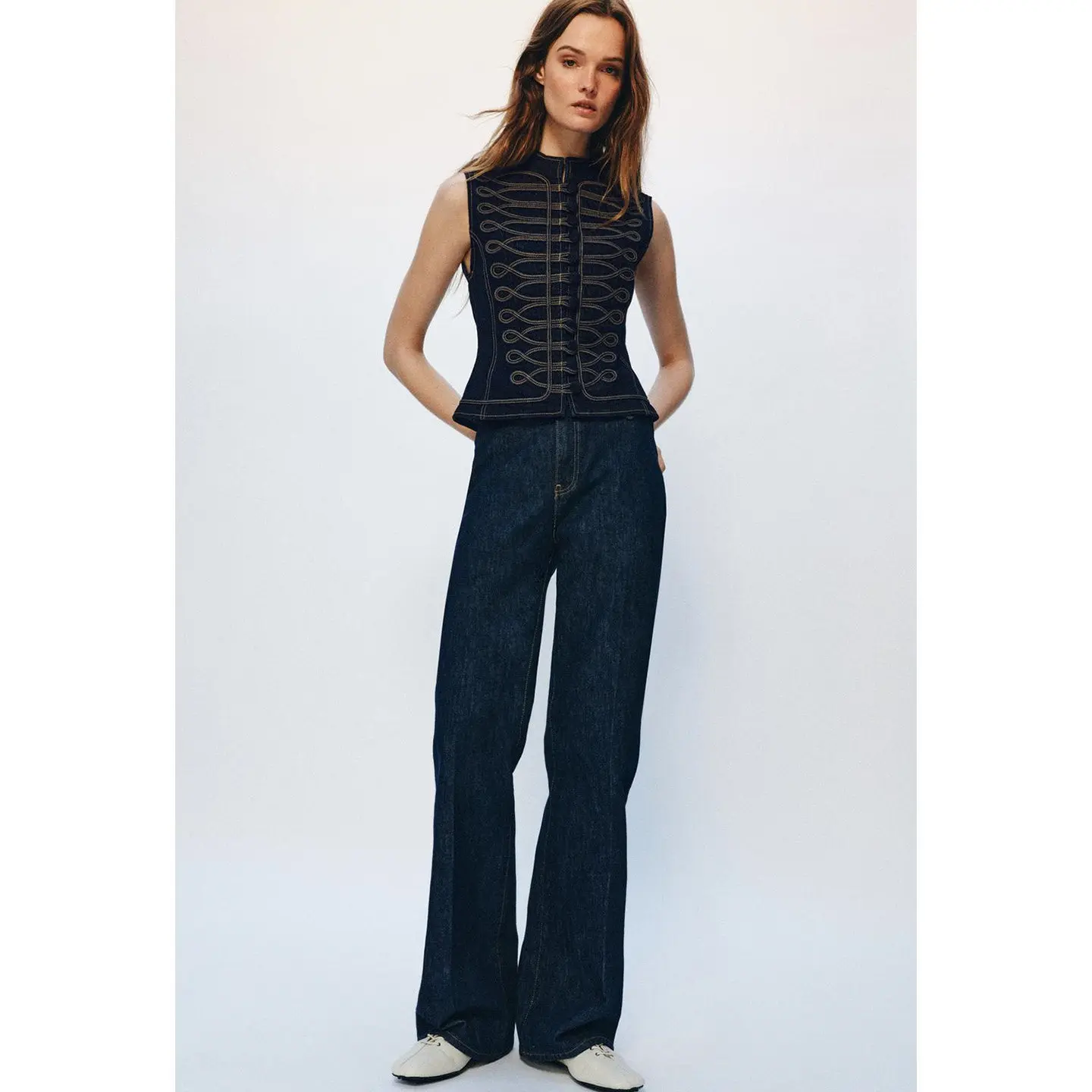 Summer New Women's Casual round Neck Sleeveless Color Block Rope Knot Denim Vest Slim Fit Polyester Fiber Zipper Closure