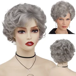 GNIMEGIL-peluca rizada de cabello sintético para mujer, cabellera de color gris degradado, corto, para mamá, para niñas de los años 60, para disfraz de abuela