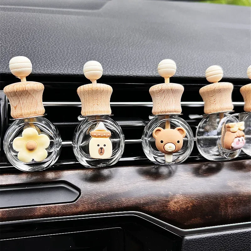 Car Aromatherapy Bottle Air Outlet Cartoon Cute Perfume Bottle Doll Milk Tea Color Wooden Bottle Essential Cute Car Accessories