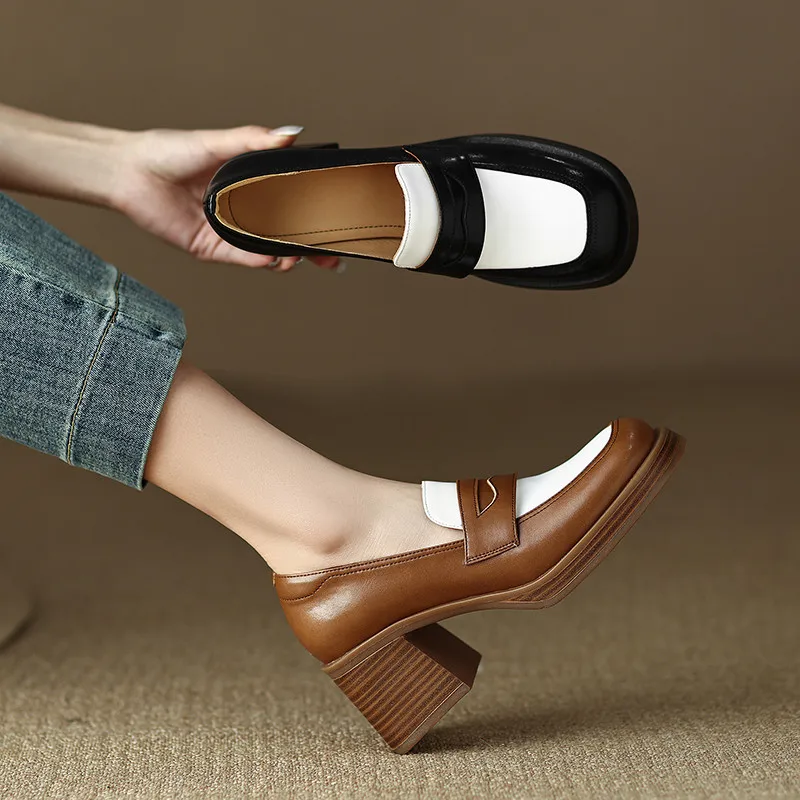 

MKKHOU Fashion Loafers New High Quality Real Leather Round Head Matching Color Chunky Heels Daily Commuter Women's Shoes