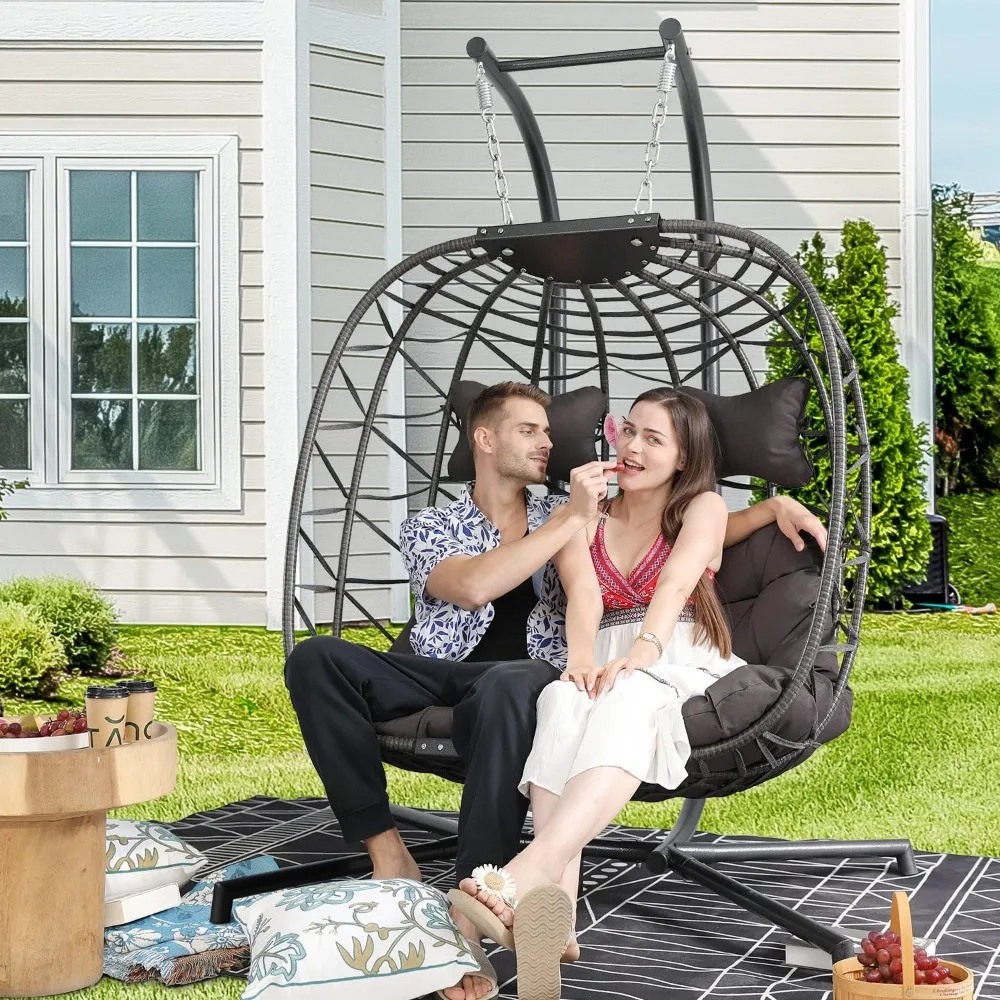 

Large PE Wicker Egg Shaped Hanging Egg Chair with Stand and Thick Cushion, Indoor Outdoor. Oversized 2 Person Patio Swing Chair