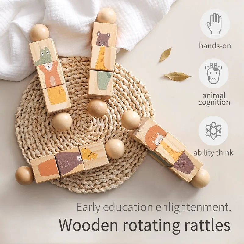 1pc Baby Holz rotierende Rassel Tier passend Neugeborenen beruhigende Spielzeug drehen Blöcke rotierende Puzzle Montessori Spielzeug für Babys