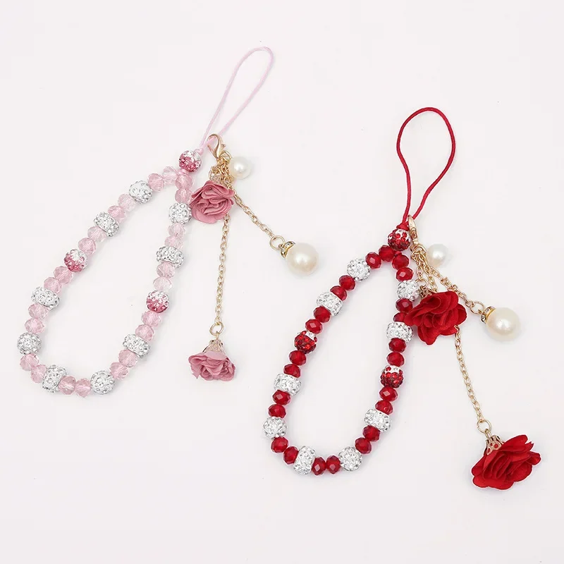 New Fashion Crystal Mobile Phone Hanging Chain Jewelry for Women Pearl Dried Flower Charm Cellphone Case Pendant DIY Accessories