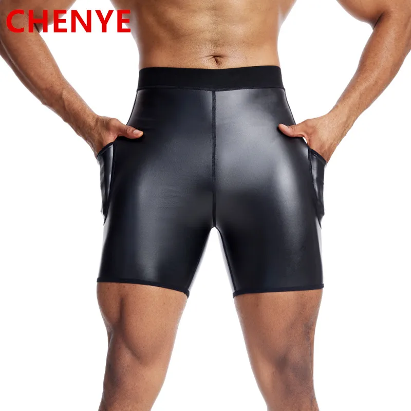 

Mens Slim Fashion Leather Pants Body Shapers Waist Trainer Stretch High Waist Control Panties Fitness Leather Shorts with Pocket