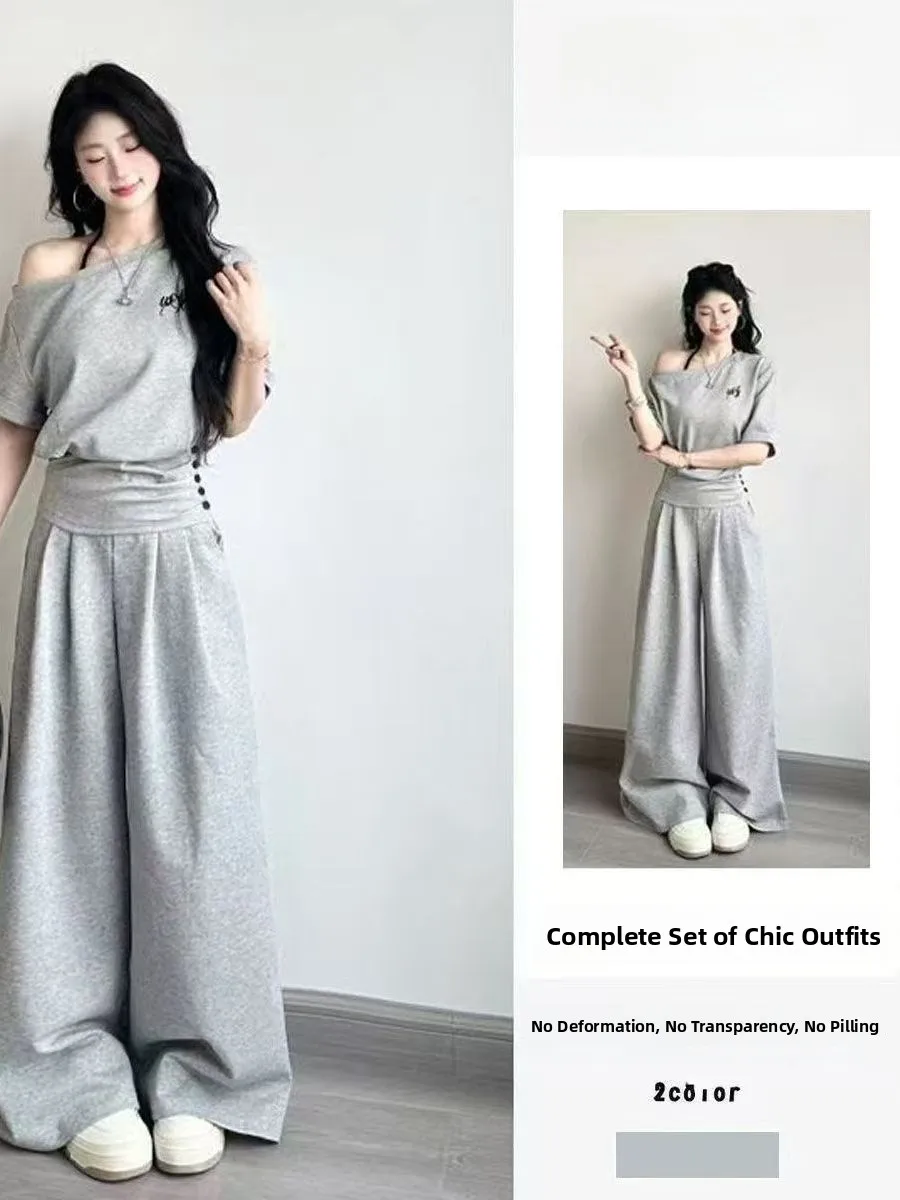 Summer Korean Style plus Size Fashion Set Short Sleeve Asymmetrical Shoulder Wide Leg Pants Two-Piece Set for plus Size Women