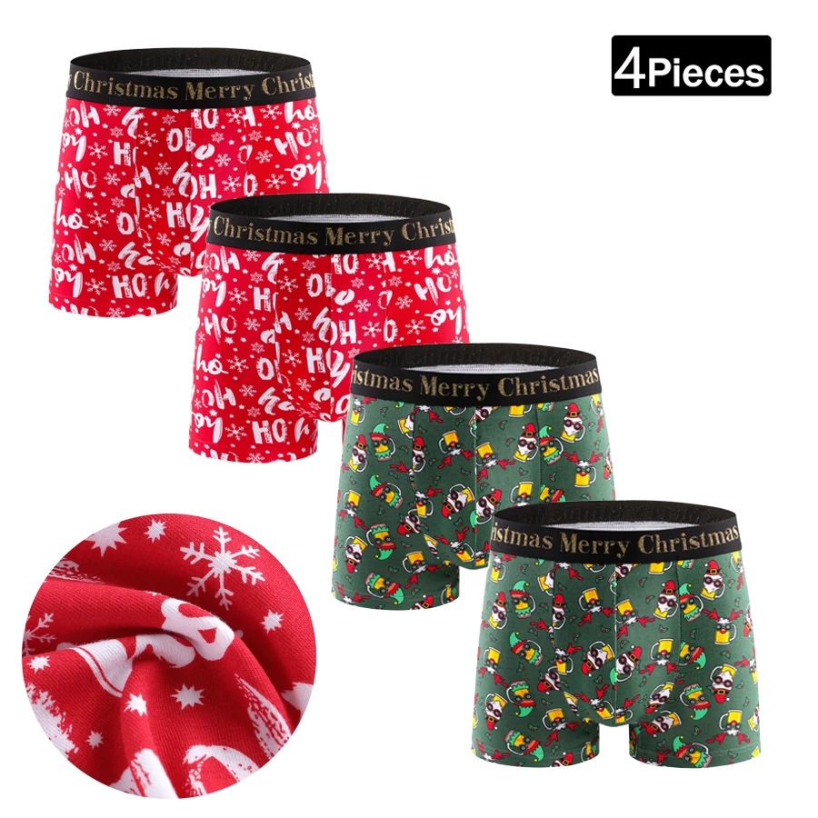 

4 шт., рождественские мужские трусы, хлопковые шорты, брендовые мужские трусы с принтом, трусы-боксеры с поясом и надписью, сексуальное нижнее белье, мужские боксеры