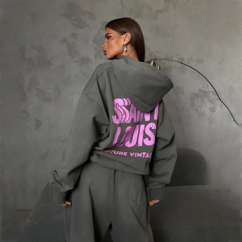 High Street Women Hip Hop Fashion Pants Hoodie Set Vintage SAINT LOUIS Drawstring Destruction Splattered Ink Letters Print Set