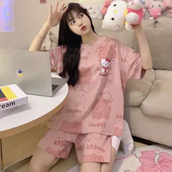 Kawaii Hello Kitty Pajamas for Women Sanrio Kuromi Cinnamoroll Pajamas Set Casual Sporty Short Sleeves Women Summer Clothing