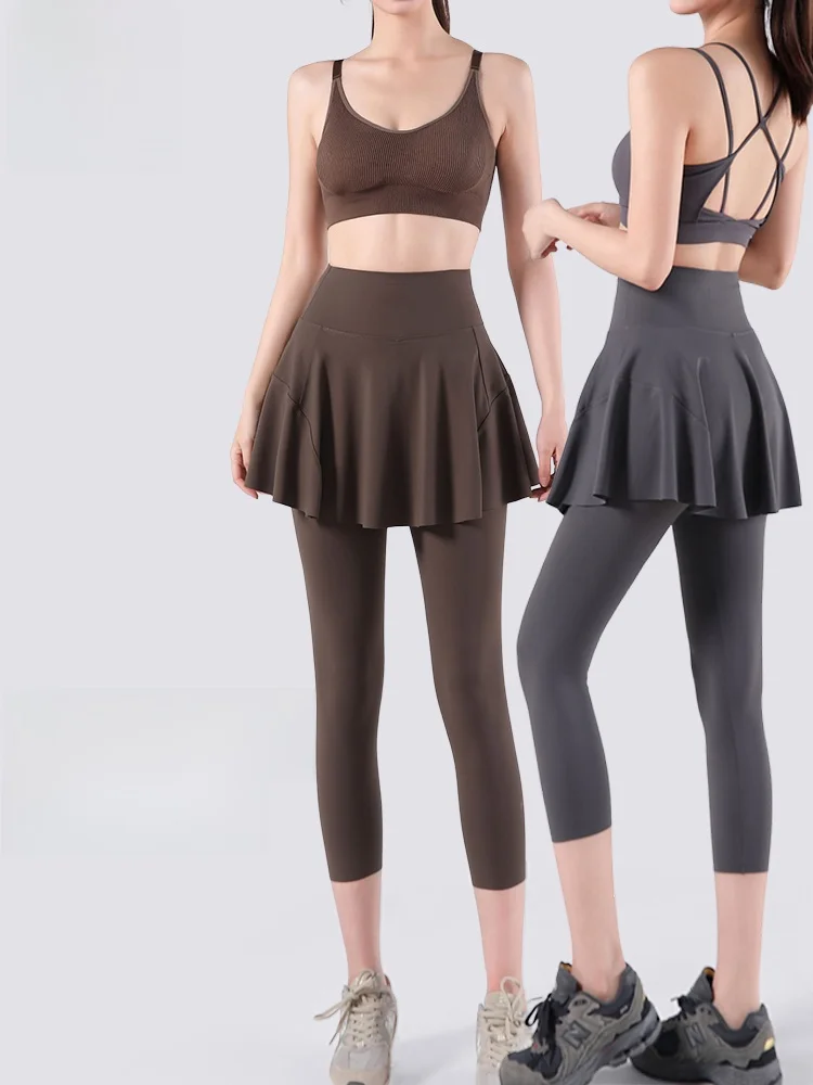 High-Waist Yoga Pants Fake Two-Piece Thin Breathable Skin-Friendly High-Waisted Hip-Lifting ark Seven-Quarter Pants