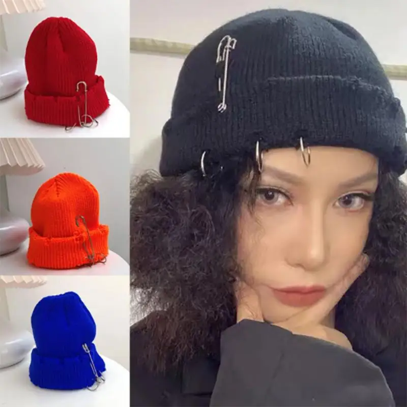 Topi Rajutan Hip Hop Baru Cincin Logam Wanita Tanpa Bingkai Uniseks Polos dengan Topi Lubang Robek Topi Elastis Wanita Topi Pria Wanita